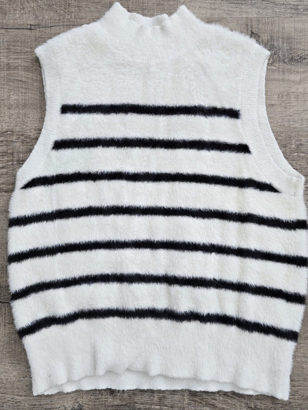 Striped Preppy Coastal Fuzzy Sweater Vest Cream Black Mock Neck Knit Size M